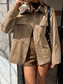 DAZY Women's Casual Contrast Color PU Leather Collar Patchwork Pocket Drawstring Regular Jacket, Autumn/Winter - Khaki - View 5