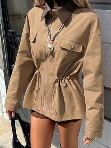 DAZY Women's Casual Contrast Color PU Leather Collar Patchwork Pocket Drawstring Regular Jacket, Autumn/Winter - Khaki - View 8