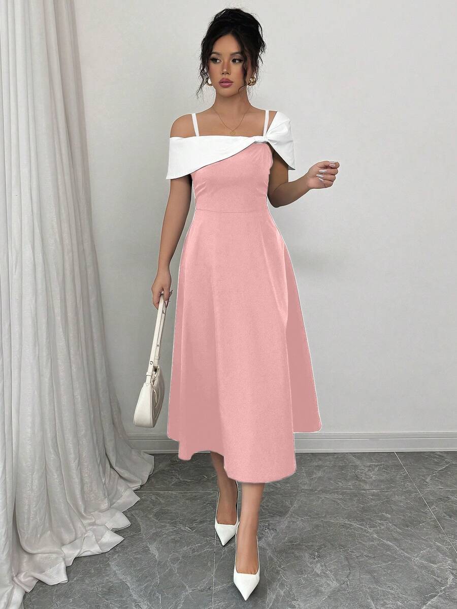 Elenzga Women's Elegant Commuter Contrast Color Patchwork Asymmetric Collar Dress - Pink - View 1