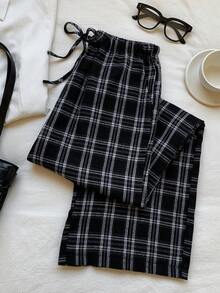 SHEIN EZwear Women's Plaid Wide Leg Pants With Drawstring Waist - Black - View 7