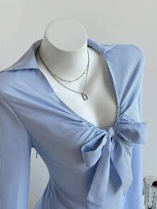 Elamini Vestido Plissado Vintage Feminino com Amarração na Frente, Decote em V Profundo, Listras Finas