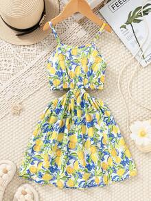 SHEIN Young Girl Lemon Print Hollow Out Waist Strap Vacation Dress, Summer - Multicolor - View 2