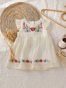 Vintaside Kids Baby Girls Casual Floral Embroidery Dress, Summer Baby Girl Sleeveless Floral Print Casual Dress Baby Flower Dress Summer Elegant Baby Dress Baby Vintage Dress Baby Girl Romper - White - View 6