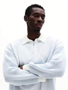 SUMWON 男士宽松版型四分之一拉链纹理针织 Polo 衫长袖翻领套头毛衣秋冬叠穿必备纯色 - 藍色 - 查看 4