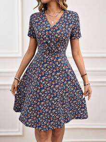 Miaspire 女士 V 领花卉印花短款休闲连衣裙情人节连衣裙 - 彩色 - 查看 1