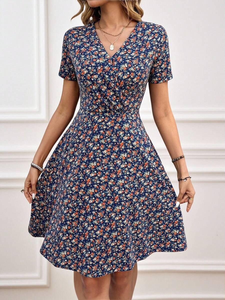 Miaspire 女士 V 领花卉印花短款休闲连衣裙情人节连衣裙 - 彩色 - 查看 1