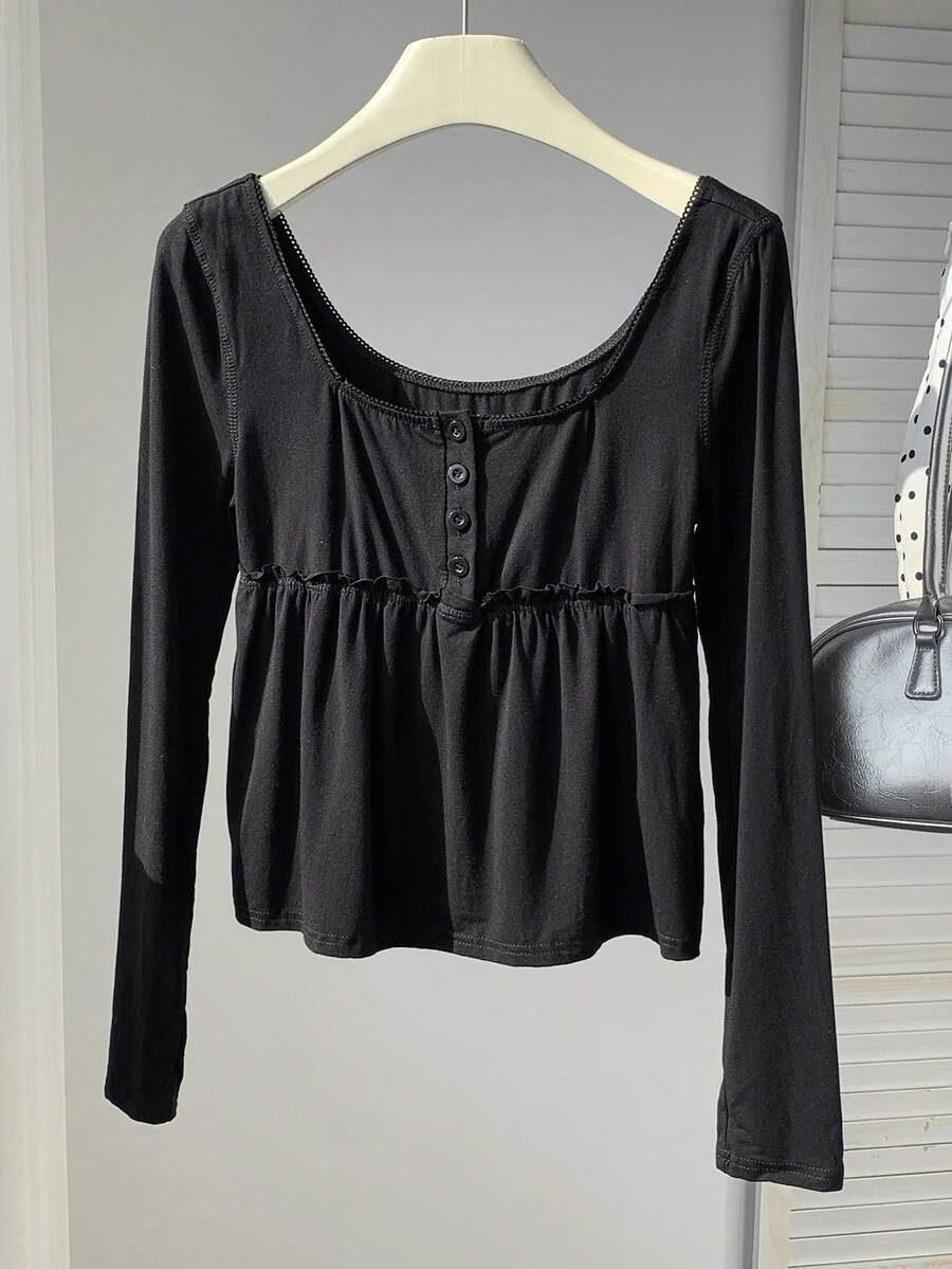 SHEIN EZwear 女士纯色长袖方领 T 恤，夏季时尚 - 黑色 - 查看 1