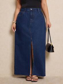 Elaquor Plus-Size Raw Denim Mini Skirt, High-Waisted, Long Skirt With Front Slit,Everyday Casual Outfits,Spring Outfit - Dark Wash - View 3