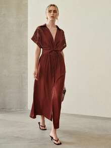 MOTF PREMIUM VESTIDO DE MUJER CON CUELLO EN V, CINTURA CEÑIDA Y ENCAJE DE CONTRASTE - Burdeos - Ver 5