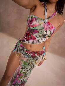 SHEIN BAE 女士时尚性感印花露背吊带高开衩连衣裙 - 彩色 - 查看 3