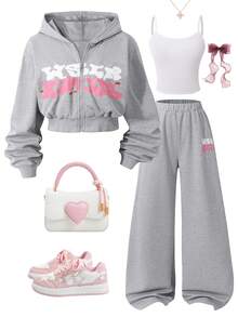 Sparklyn 3件套休闲时尚舒适运动户外拉链印花针织宽松外套家居服套装，纯粉色，适合青少年 - 灰色 - 查看 1