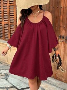 Weeklong Plus Size Round Neck Ruched Pleated Split Flare 3/4 Sleeve Casual A-Line Midi Dress - Burgundy - View 7