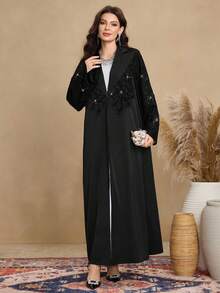 Al Najma Women's Fashionable Minimalist Elegant Blazer Abaya, Luxurious Sequin & Embroidered Black Arabic Robe - Black - View 6