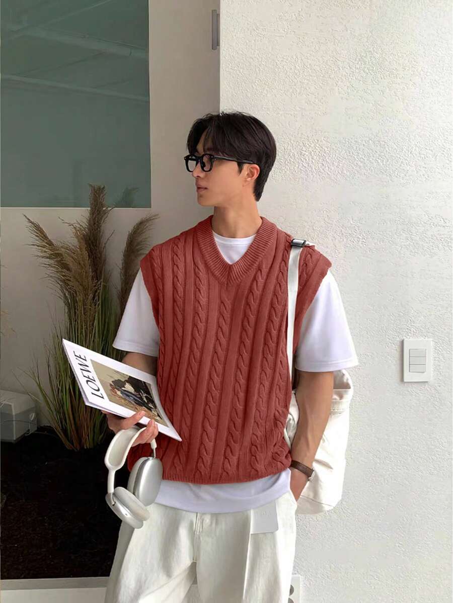 Claim Dot 男士V领扭结针织休闲背心，秋冬款 - 紅木色 - 查看 1