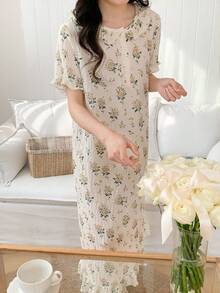 SHEIN Vintaside Kids Đầm dạ hội cổ bèo tay bồng màu vàng in hoa thanh lịch dành cho thiếu nữ, đồ ngủ dễ thương và duyên dáng. - Màu vàng - Xem 5