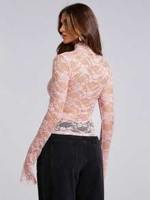 SHEIN BAE Áo kiểu nữ gợi cảm phối ren, khoét lỗ - Màu Hồng  San hô - Xem 2