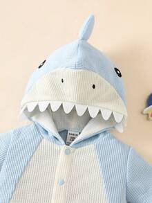 SHEIN Newborn Shark Shaped Bodysuit With 3D Embroidery, Short Sleeve Hooded Romper - Baby Blue - View 5