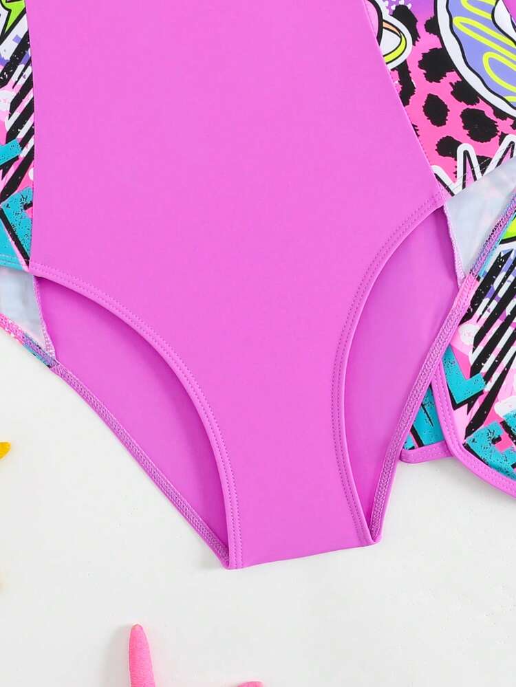 SHEIN Tween Girl Purple Graffiti Print 1-Piece Swimsuit And Shorts, Suitable For Swimming, Vacation, Summer (Print Design May Vary) Tween Girl Swimsuit Set Swimsuit One-Piece Short Set Bright Colors Bathing Suit 12 Year Old Swimwear 2pcs Tween Girls Printed Swimwear Girls Beach Sets Summer Two Piece Set Teens Swim Suit Swim Suit Set Beach Bathing Suits For Girls Tween One Piece Sporty Bathing Suit With Bottoms Tween Swim Suit Teen Girl Swim Suit Girls Swim Sets - Purple - View 4