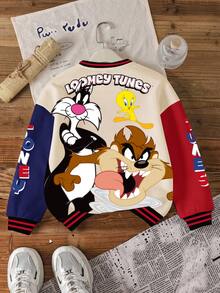 LOONEY TUNES X SHEIN 男童休闲日常通勤时尚街头卡通字母印花撞色落肩宽松抓绒保暖圆领卫衣，秋冬款 - 白色 - 查看 2