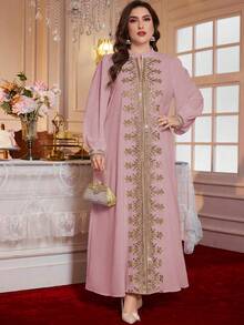 Al Najma 大码女士优雅缺角领拼接蕾丝贴花灯笼袖阿拉伯风格长裙 - 粉色 - 查看 3