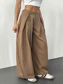SHEIN PETITE 女士夏季复古休闲街头风外出宽松军绿色弧形裤脚阔腿裤棕色裤子 - 棕色 - 查看 7