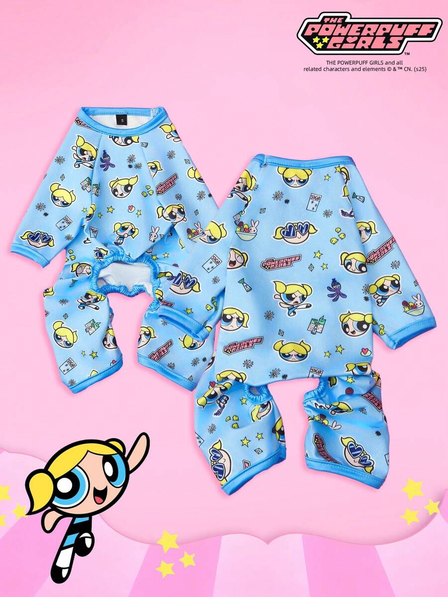 THE POWERPUFF GIRLS X PETSIN 1件装兔子女巫字母星星印花宠物连体衣 蓝色运动风亲肤透气宠物服装 - 藍色 - 查看 1
