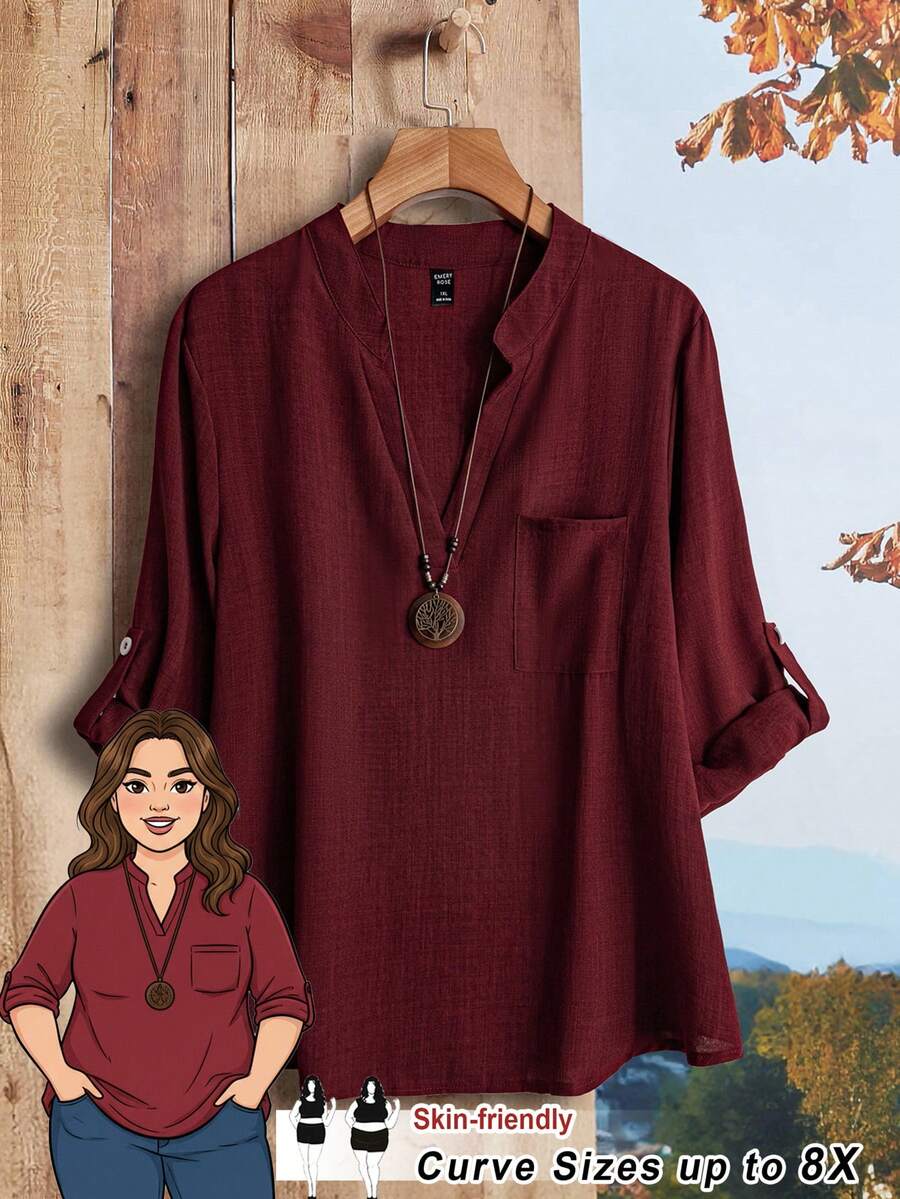 SHEIN CURVE+ 大码女式纯色深V领卷袖休闲衬衫/2026/新年 - 酒紅色 - 查看 1