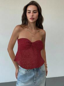 Aloruh Romantic Sexy Apricot Twist Textured Bandeau Cropped Top For Women - Burgundy - View 4