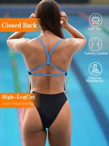 Swim Nautrix 新款夏季女士圆领吊带露背性感度假泳衣黑色连体泳衣女士撞色泳衣黑色连体泳衣黑色连体泳衣黑色连体泳衣蓝色肩带黑色泳衣女士泳衣黑色 - 彩色 - 查看 2