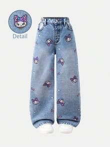 SHEIN ChillGRL 少女牛仔裤 - 时尚雪洗做旧刺绣阔腿牛仔裤，心形刺绣，彩色爱心，休闲宽松阔腿裤，浅蓝色，适合圣诞节、新年、情人节、日常穿着、上学等场合。 - 淺色水洗藍 - 查看 3