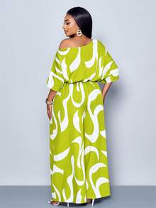 SOLERSUN Conjunto de blusa con cuello asimétrico y estampado integral y pantalones para uso diario para mujer - Verde - Ver 4