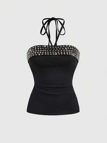 ROMWE Y2K Spring/Summer Women's Fashion Street Punk Rivet Decor Halter Top - Black - View 4