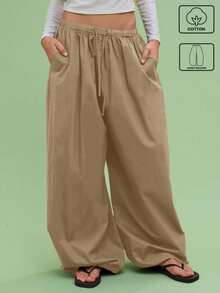 COUREZ Unisex Women Men Low Waist Parachute Baggy Balloon Leg Khaki Trousers 100%Cotton - Khaki - View 1