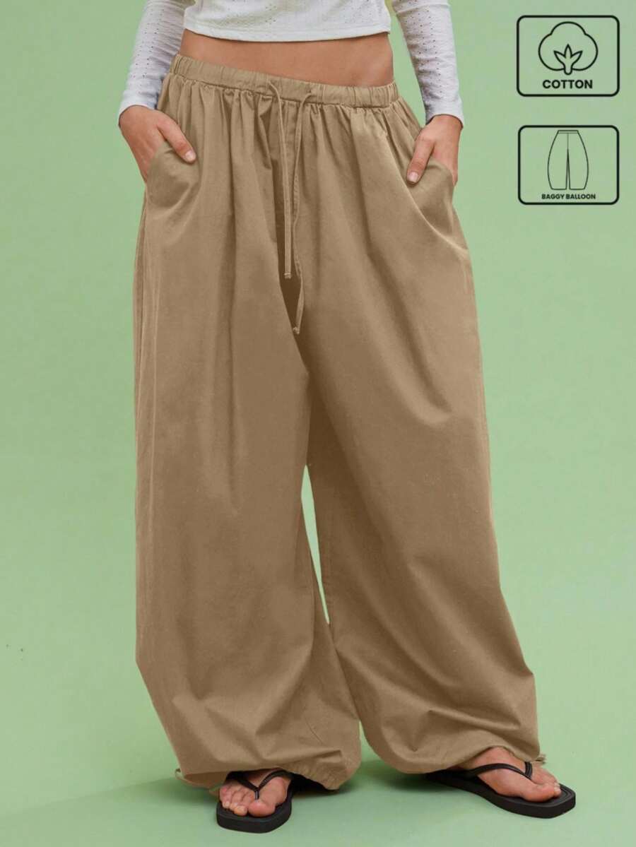 COUREZ Unisex Women Men Low Waist Parachute Baggy Balloon Leg Khaki Trousers 100%Cotton - Khaki - View 1