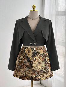 Sweetra Elegant Going Out Tops, Mini Skirt, Wrap Style Tie Waist Short Blazer Jacket, Fitted Slim Chic Blouse + Vintage Sunflower Print A-Line Bodycon Skirt Two Pieces Set - Black - View 1