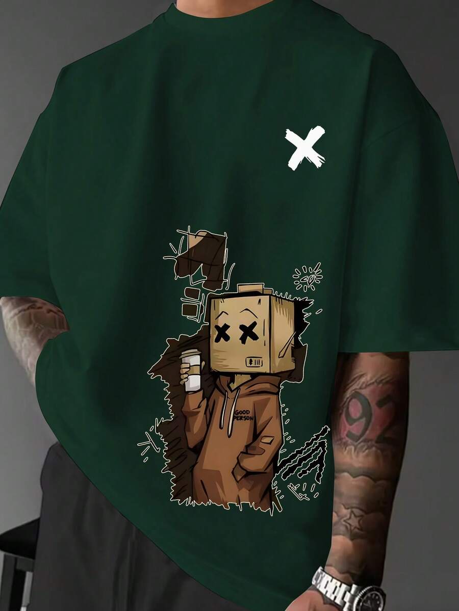 Manfinity Dauomo Camiseta de manga corta con cuello redondo y estampado minimalista para hombres - Verde Oscuro - Ver 1