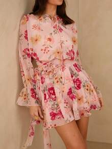 Enchnt Women's Blush Pink Floral Print Mini Dress,3D Rose Decor Tie-Up Long Sleeve Boho Sweet&Elegant Garden Party Holiday Autumn Spring Clothes - Pink - View 5