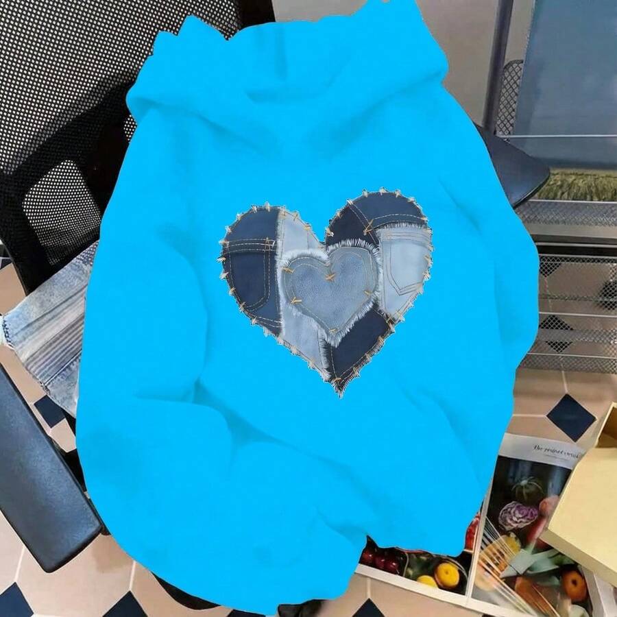 Mujer Estilo Vintage Sudaderas con Detalle de Corazón Patchwork de Jeans Corte Amplio Capucha Mangas Largas Temporada Otoño-Invierno Salidas Informales - Azul cielo - Ver 1