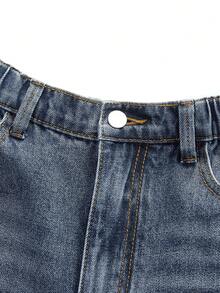 SHEIN Teen Girls' Jeans,Blue Summer Streetwear Graduation Back-To-School,Y2K Collegiate Style Flare Leg Comfortable Cotton Denim Pants For School Party - Medium Wash - View 5