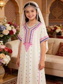 SHEIN 少女睡衣 - 刺绣睡裙，奶油色、粉色、紫色，短袖V领，夏季睡衣，假日必备，轻盈宽松家居服，派对礼物，少女休闲度假日常 - 杏色 - 查看 13