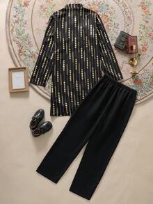 Vacaura 2pcs Set Foil Print Long Sleeve Robe & Elegant Pants, Middle Eastern Fashion Holiday Party Teenager Dress Abaya Thobe For Boys