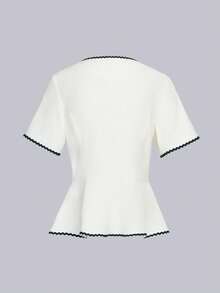 Selianne Women's Fashionable Elegant Contrast Color Trim Ruffle Hem Square Neck Blouse - White - View 2