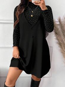 SHEIN Frenchy Conjunto de 2 piezas de top y vestido de lunares elegante para mujer de talla grande, adecuado para otoño/invierno, Año Nuevo, fiesta de música, color negro - Negro - Ver 4