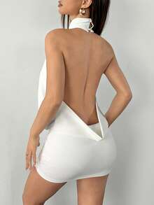 SHEIN PETITE High Neck Backless Mini Dress White Sexy Club , Petite Women - White - View 3