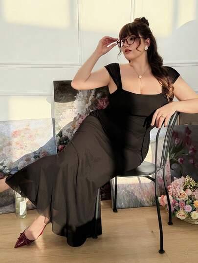 CovetEZ Plus Size Women Casual Vacation Beach Party Y3k Elegant Solid Color Pleated Sleeveless Dress