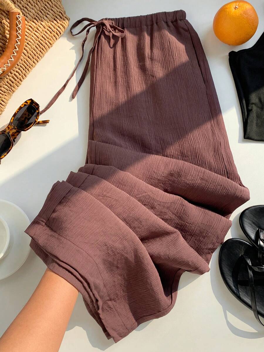 SHEIN EZwear Celana Panjang Wanita Kasual Warna Polos dengan Tali Serut dan Potongan Lebar - Coklat - View 1