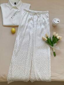 SHEIN EZwear Women's Casual Leopard Print Drawstring Waist Loose Wide Leg Pants - White - View 6