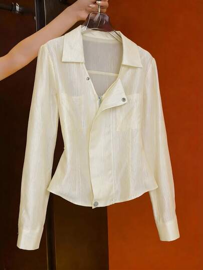 SHEIN Franclia 女士优雅通勤亮面缎面束腰衬衫 薄纱衬衫 透视衬衫 优雅女式衬衫 女士衬衫和罩衫 薄纱衬衫