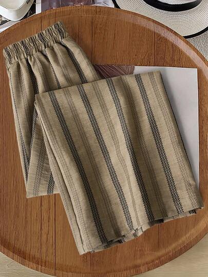 Rusticease Women's Casual Vacation Style Colorblock Striped Print Elastic Waist Loose Wide Leg Pants Western Pants Linen Set Stripe Pants Beige Pants Stripe Pattern Pants Linen Pants Striped Pants Elegant Brown Pants Elastic Waist Pants