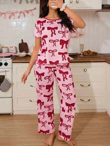 SHEIN Cute Bow Print Women Pajama Set - Multicolor - View 3